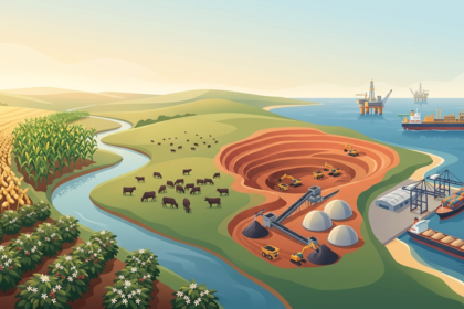 Infográfico sobre a produção de commodities brasileiras por estado, destacando soja, minério de ferro e petróleo.